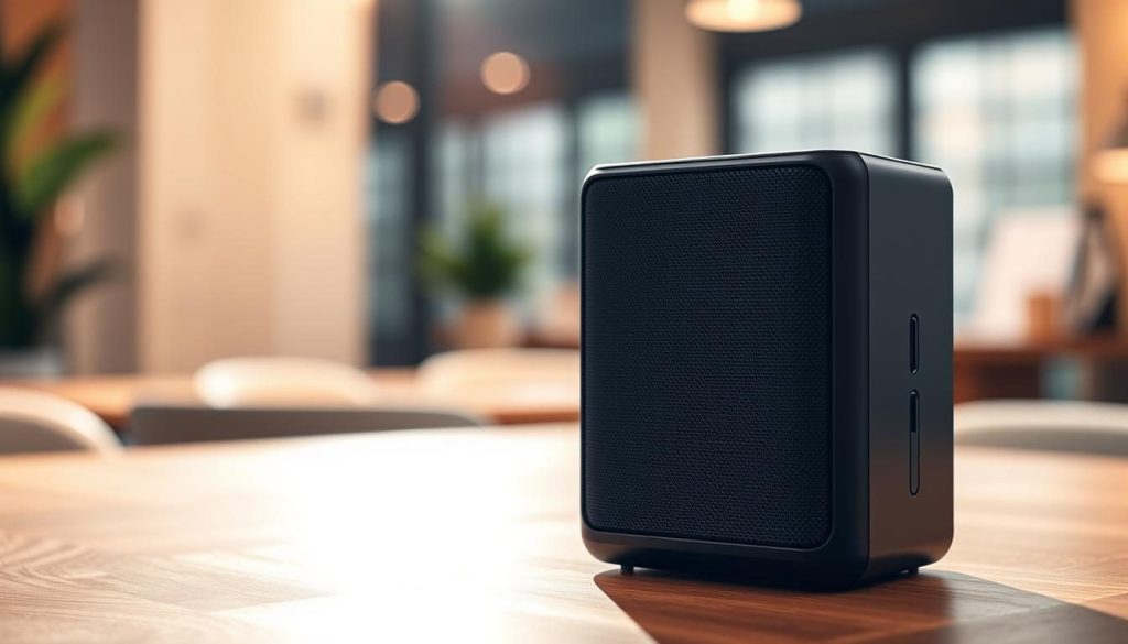 A well-lit, high-quality photograph of a Bluetooth speaker on a wooden table, showcasing its sleek design and features. The speaker is prominently displayed in the foreground, with a blurred background highlighting its elegant lines and modern aesthetic. The lighting is soft and natural, creating a warm, inviting atmosphere that accentuates the speaker's premium build quality. Subtle details, such as the speaker's connectivity options and control buttons, are visible, allowing the viewer to appreciate the product's functionality and versatility. The overall composition conveys a sense of professionalism and attention to detail, perfectly capturing the essence of a desirable, high-value Bluetooth speaker offering.